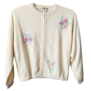 Women Vtg 50s Floral Beaded Cream Wool Cardigan Sweater M Retro Rockabilly Twee